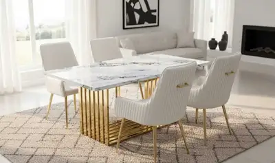 White Marble Dining Table Set – Gold Base Modern Luxury Design, View more