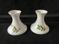 2 Fine China Japan Holly Christmas Candlestick Holders