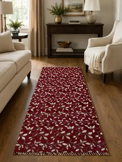 Red and Cream Floral Leaf Runner Rug, View more
