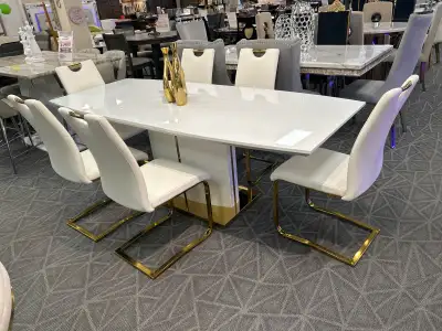 WHITE DINING TABLE WITH 6 CHAIRS GOLD ACCENT  , View more