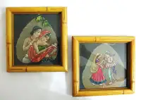 PAIR of VINTAGE HAND PAINTED PIPAL TREE LEAVES with FRAME..INDIA