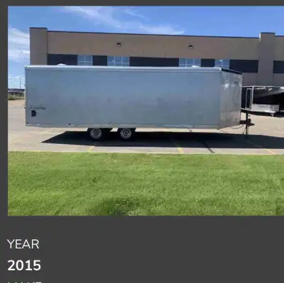 4 place sled trailer c/w wall storage boxes. 8.5x26’ all lights and breaks work as should. Open to o...