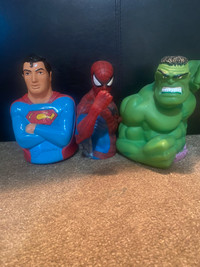 3 super heroes piggy banks 