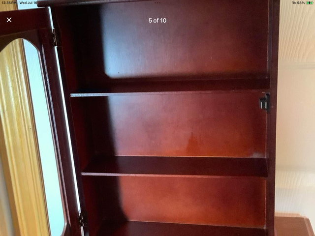 Vintage 3 Shelf Wd Wall Cabinet w Floral Design Bordering Mirror in Bookcases & Shelving Units in Belleville - Image 6