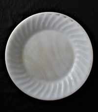 Vintage Fire-King Oven Ware 3 Ivory Swirl 9" Platter w Gold Trim