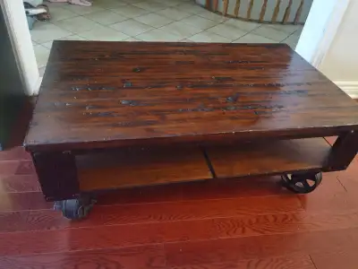 Industrial Cart Coffee Table, Solid Wood Top, Cast-Iron Wheels, View more