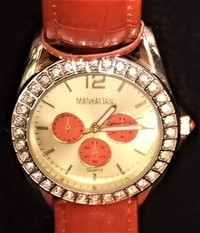 Croton Ladies Quartz Manhattan Watch w/Crystals & Leather Strap