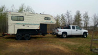 Truck, camper and trailer