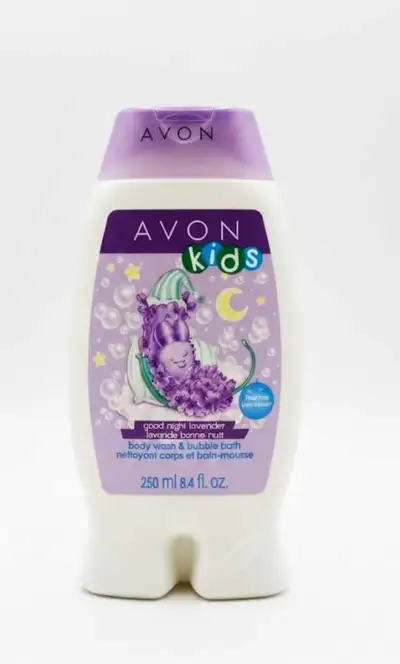 This is a bottle of used Avon Kids Good Night Lavender body wash and bubble bath, with 250 ml or 8.4...