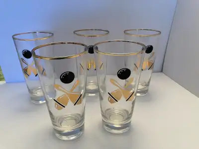 VINTAGE Mid Century BOWLING BALL & PINS DRINK GLASSES  Set of 5, View more