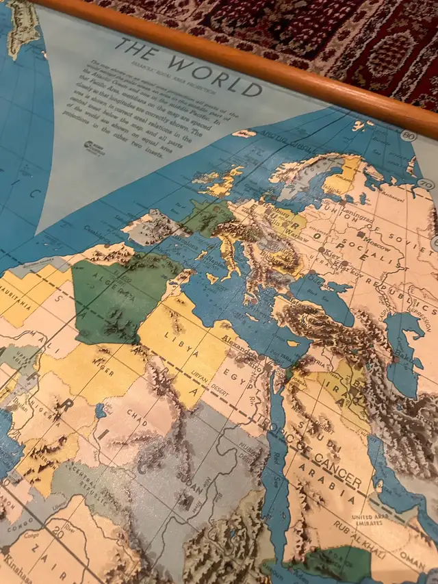 antique 60s WORLD MAP school classroom roll up poster63005666199041121
