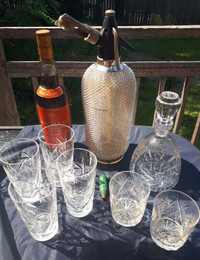 Vintage crystal decanter, seltzer dispenser and Pinwheel glasses