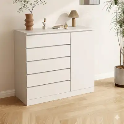 White Storage Dresser w/ 5 Drawers & Cabinet Measures 100cm wide, View more