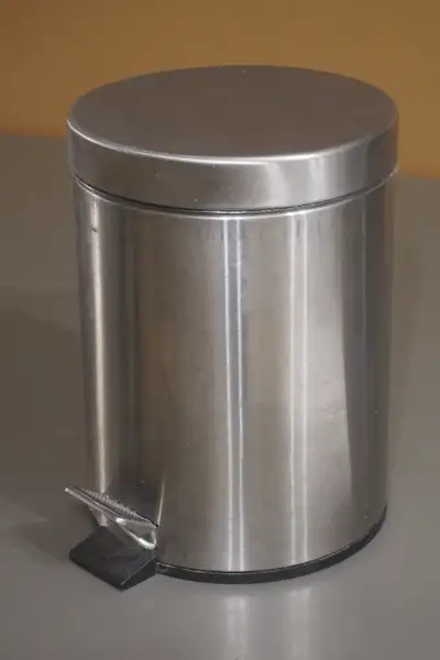 Ikea Strapats stainless steel garbage bucket with pedal. Diameter 8 in (20 cm), height 11.5 in (29 c...
