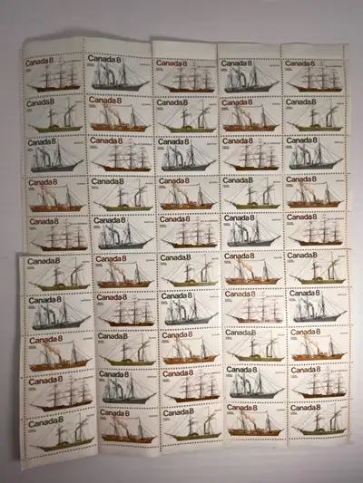 Here's a sheet of Canada 8 cent stamps, featuring various ships! These vintage postage stamps are a...