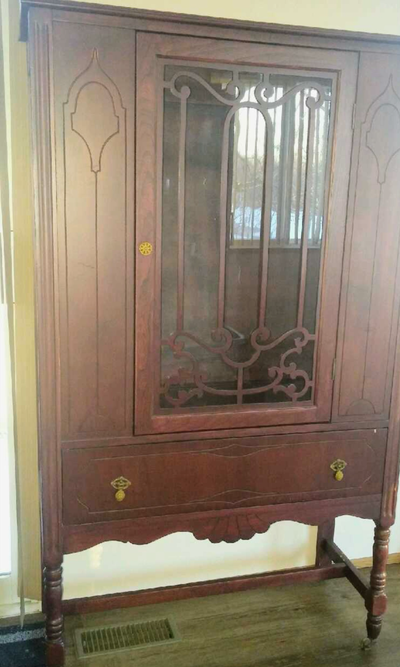 Antique 1920s WALNUT Wood CHINA CABINET w/ Drawer CHERRY Stain, View more