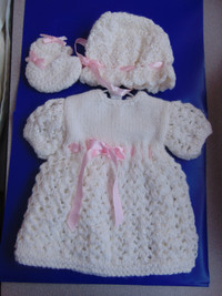 White Crocheted Outfit with Pink Ribbon - 3 Pieces