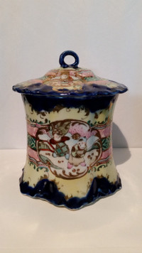 ANTIQUE COBALT BLUE HAND-PAINTED COOKIE CRACKER JAR