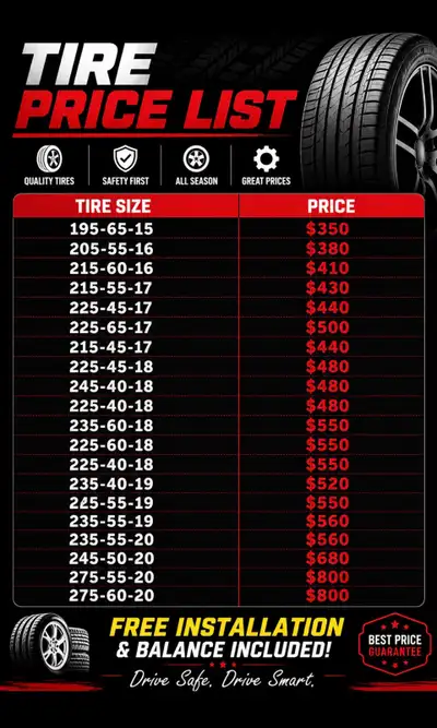 Brand new high quality tires at whole sale pricing.. best deals in the city.. free installation n ba...