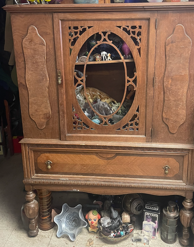 Vintage Wooden Curio Display Cabinet with Fretwork Oval Door, View more