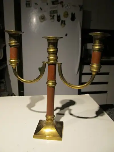 Vintage solid brass triple candelabra., View more