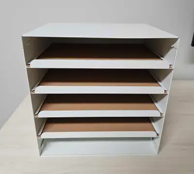 New condition IKEA KVISSLE metal letter tray and desktop organizer, with pull-out cork shelves. PU C...