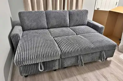 3 Seater Grey Corduroy Sleeper Sofa, View more