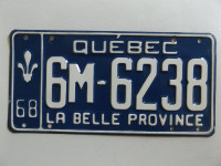 ORIGINAL RARE VINTAGE 1968 QUEBEC LICENSE PLATE 6M-6238