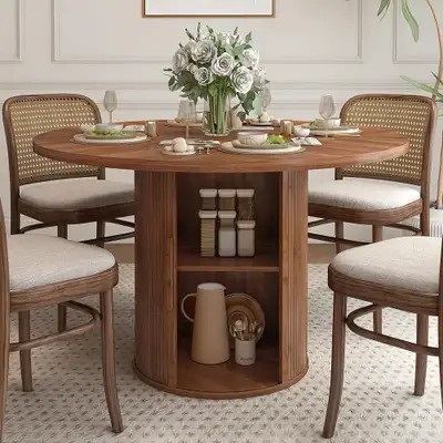 47 inch Round Dining Table for 4, Kitchen Table Dinner Table with 2-Layer Storage Shelf and Wood Sli...