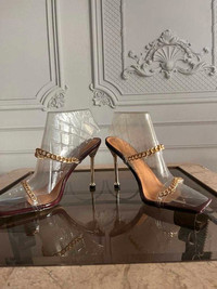 Brown Clear Chain Strap Stiletto Heel Mules size 41