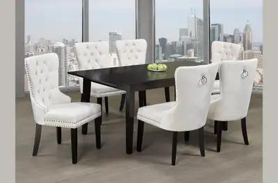 7 PC DINING SET BUTTERFLY EXTENSION TABLE CREAM VELVET CHAIRS!, View more