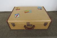 Vintage Tweed Hard Sided Suitcase Luggage Leather Handle Decals