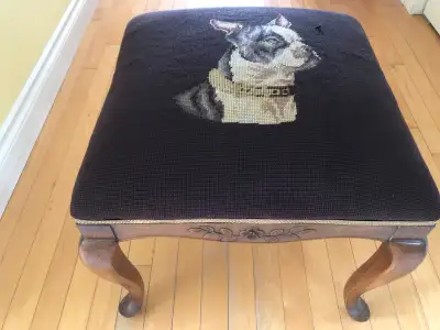 Mahogany frame and needlepoint upholstered ottoman with Queen Anne legs. Desirable Pug needlepoint m...