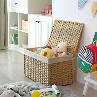 SONGMICS Storage Basket with Lid, 17.2 Gallon (65L) Storage Bin, Woven Blanket Storage Box and Case...