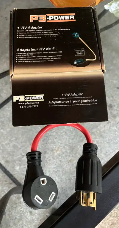 1’ RV Adapter Converts L14-30(240v) twist lock connector to RV 30A Receptacle. Heavy duty, brass con...
