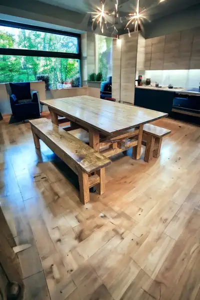 Farmhouse dining table with matching bench, View more