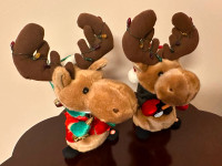 2 Vintage Singing, Rocking, Light up Stuffed Moose Holiday Decor