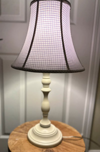 Pottery barn white lamp with violet / cream gingham shade lol