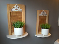 PINE WALL SHELVES AND FAUX PLANTS