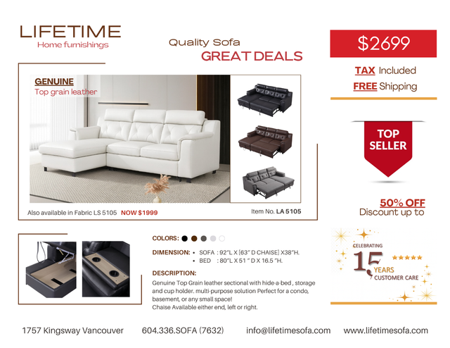 Genuine Top Grain leather sectional sofa &chaise with hide-a-bed in Couches & Futons in Vancouver - Image 10