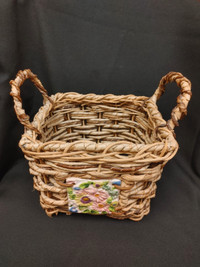 Square Wicker Basket with Ceramic Flower Tile with Handles
