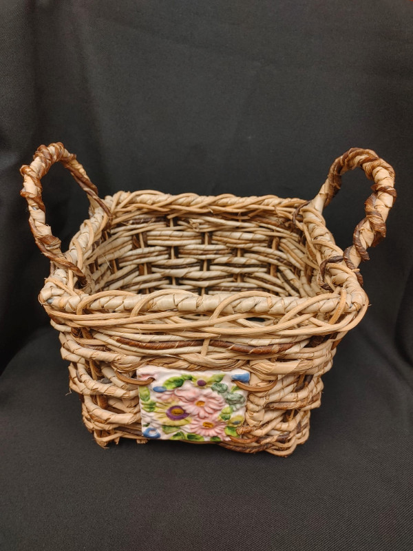 Square Wicker Basket with Ceramic Flower Tile with Handles in Home Décor & Accents in Woodstock