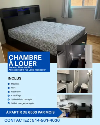 [ CHAMBRE À LOUER sur la rue Louis-Francoeur] DISPONIBLE : MAINTENANT TERME : court, moyen ou long t...