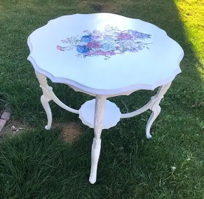 White occasional table with floral motif & carved legs, View more