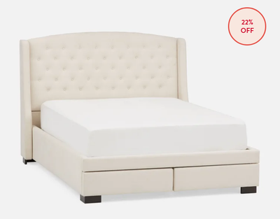 Selling a Structube Ravel queen size bed with traditional tufted upholstery and wingback design, fea...
