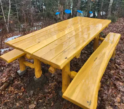 Handcrafted cedar log picnic table. Custom built with our signature joinery. We build any dimensions...