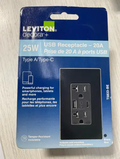 Leviton Decora USB Charger 20A Receptacle 5.1A USB Type A/Type-C, View more