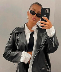 Zara manteau 100% vrai cuir real leather biker jacket coat femme