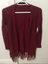 women‘s wine red Tassel Trim Open Front fringe sweater cardigan