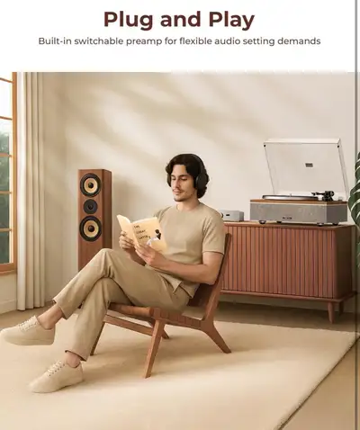 Vinyl Record Player, Bluetooth  All-in-One Vintage Turntable DSP, View more